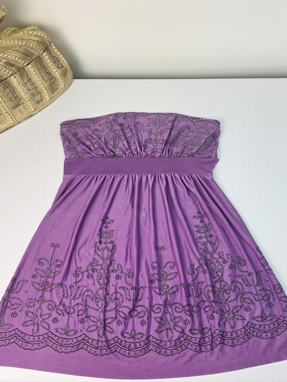 Vintage Y2K LIPSTICK Purple Strapless Top Tie Waist Metallic Sparkle Sz L Boho